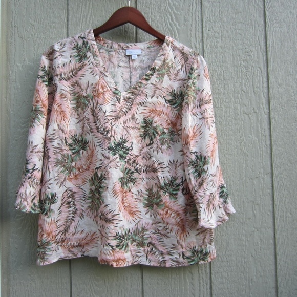 J.Jill Love Linen Top Womens PM 100% linen‎ Tropical Floral Bell Sleeve V-Neck - Picture 1 of 14